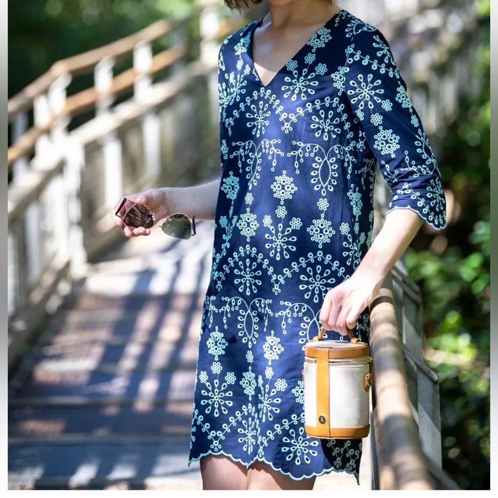 Sail To Sable Blue Eyelet Embroidered Scallop Hem Dress (Size S)